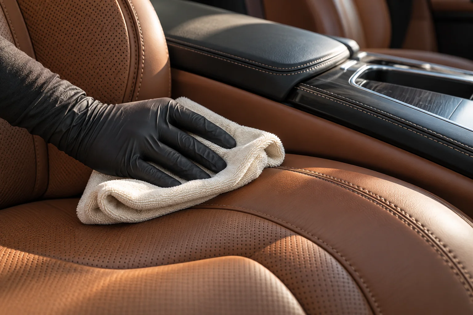 Illustrative microfiber detailing of a tan leather vehicle interior